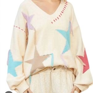 POL Colorful Star Patterned Women's Sweater EUC Large PTP 25